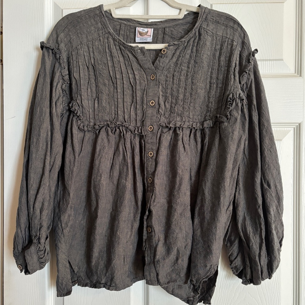 Linennaive 100% linen ruffled blouse- Gray